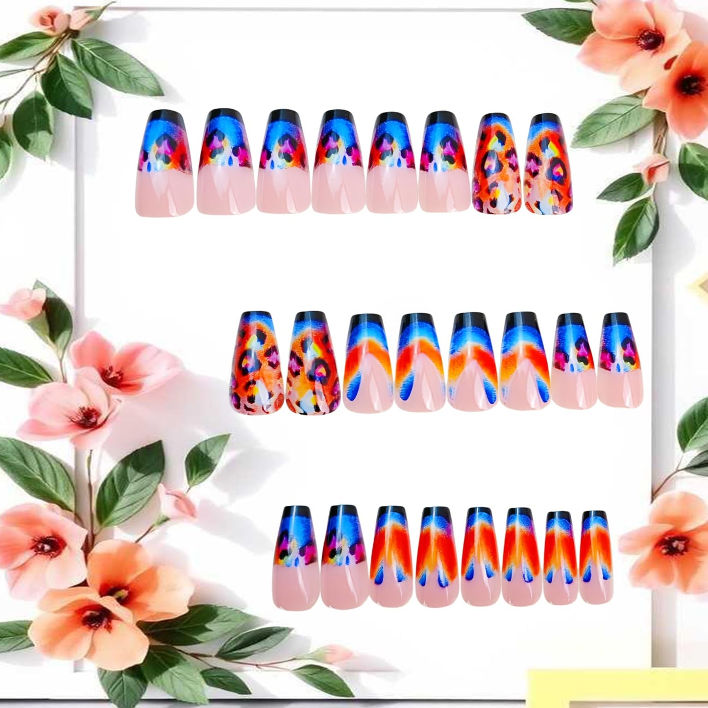 Leopard Press on Nails Long Leng Ballet Shaped Black French Tip Acrylic Fake Nail Colorful Leopard Pattern Design Flash Artificial Fingernails Full Cover Glossy Press Ons Glue on Nails for Women