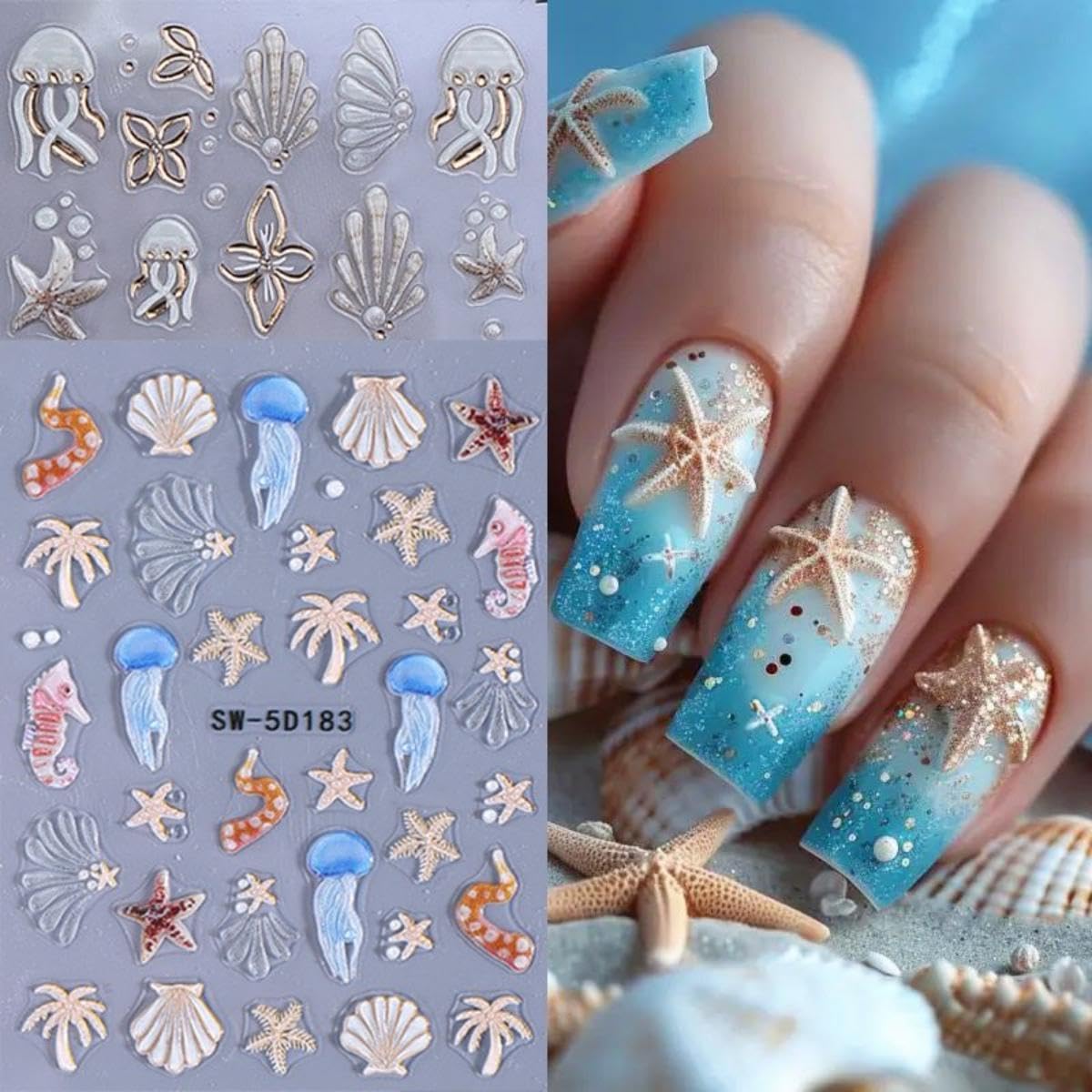 Ocean Nail Stickers 5D Embossed Seashell Nail Stickers 3D Self-Adhesive Blue Starfish Summer Nail Decals with Designs Purple Jellyfish Coral Nails Manicure Accessories for Women 5 Sheets