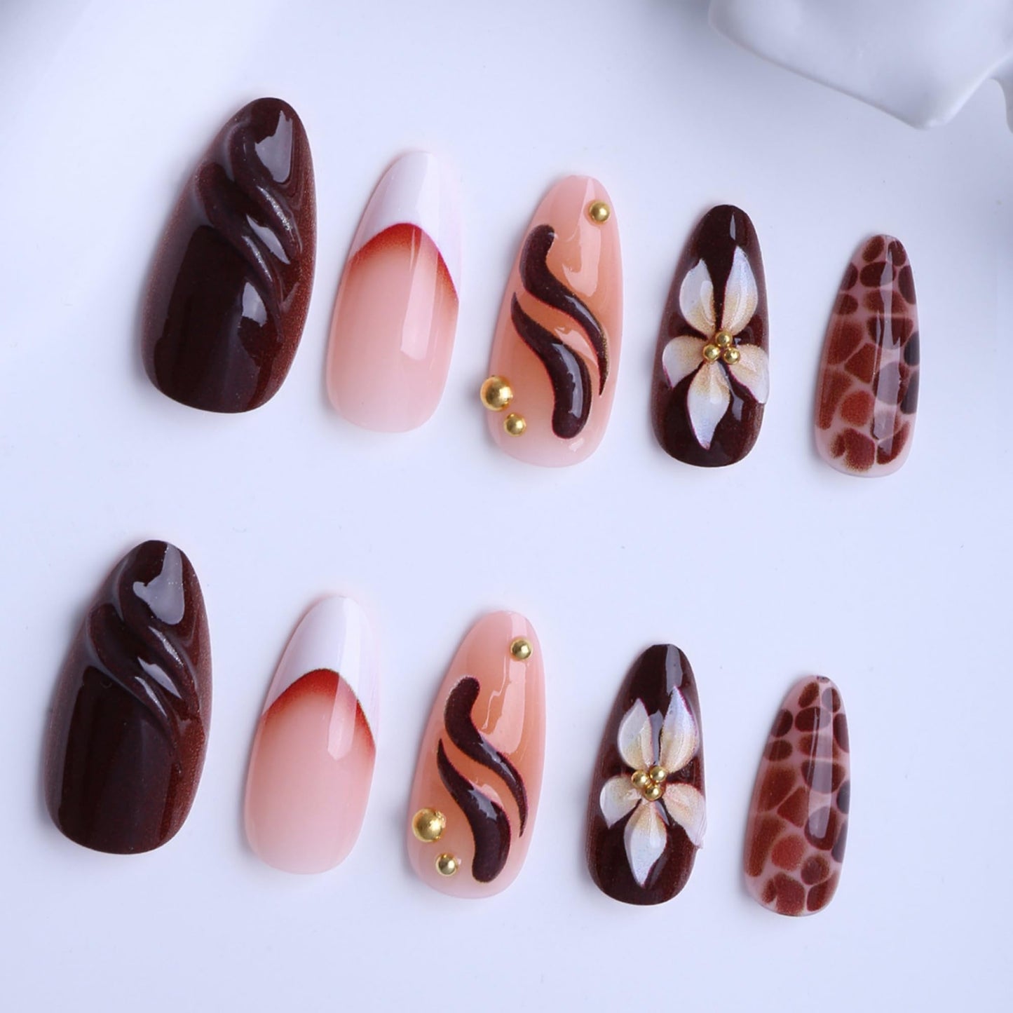 SEENEEY Long Press on Nails Almond Fake Nails Brown Artificial Nail 3D Floral Designs Tortoise Shell Stick on Nail for Women 24pcs