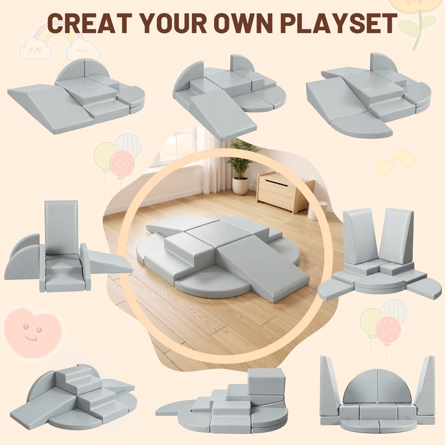 TODIBY 9-Piece Climbing Toys for Toddlers: Soft PU Leather Foam Blocks - Baby Climb and Crawl Activity Blocks - Kids Play Gym Equipment Indoor for Development(Grey)