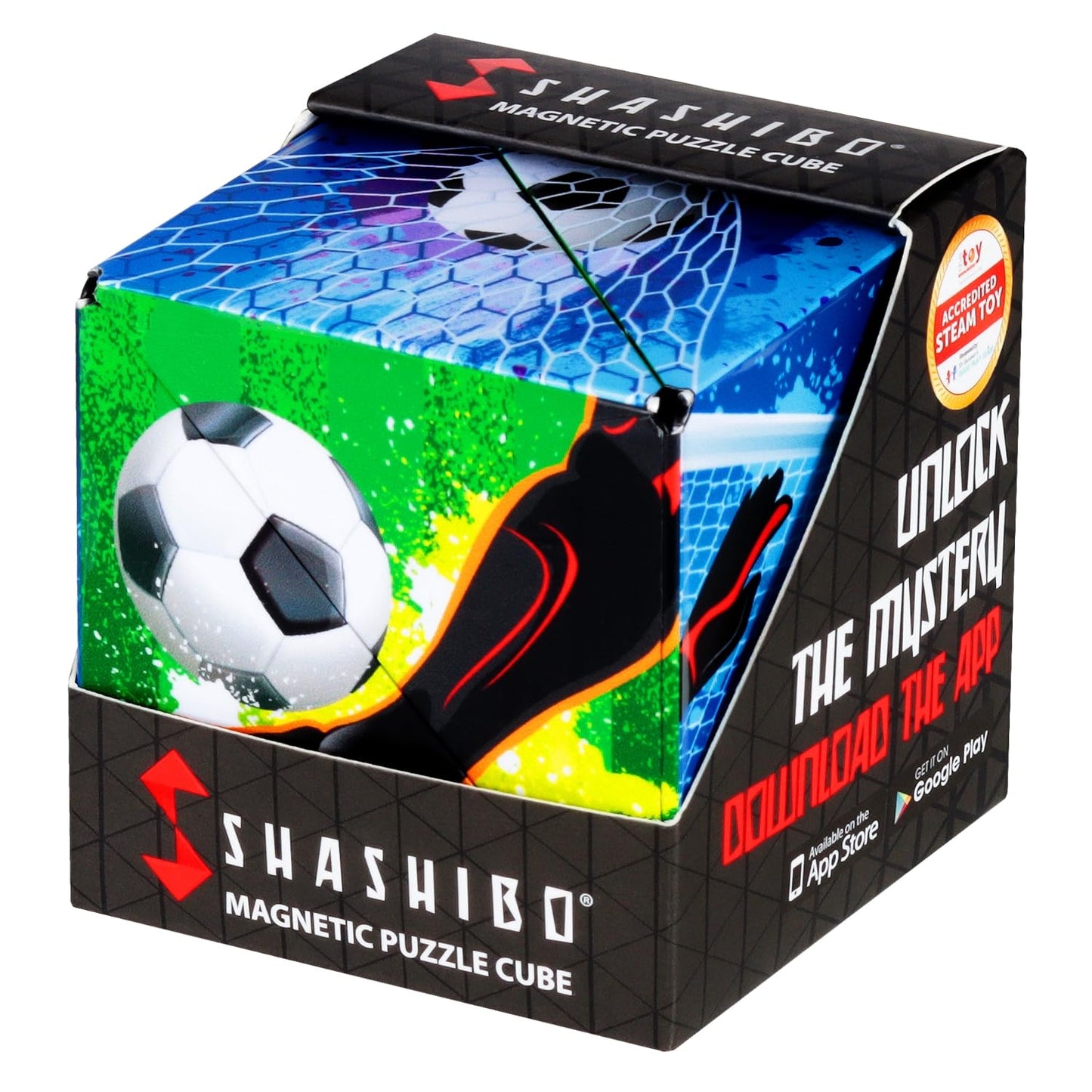 Shashibo Shape Shifting Box – STEM Fidget Toy with Ultra Strong Magnets, Puzzle Cube Transforms into 100+ Shapes, Sensory Gift for Kids, Teens, and Adults (Soccer)