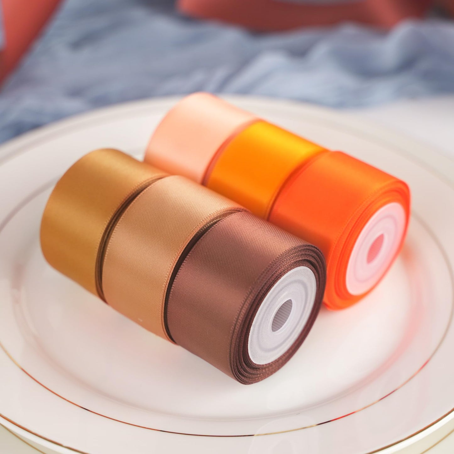 HUIHUANG Terracotta Ribbon 1 inch Orange Double-Faced Satin Ribbon Pack 6 Rolls, Silk Satin Ribbons for Fall Wedding Flower Bouquet Wrap Hair Bows Making Gift Wrapping and Crafts- Total 30 Yards