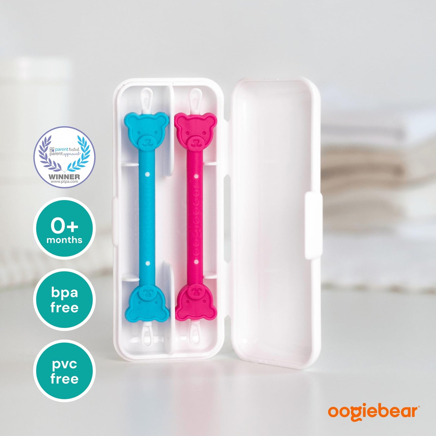 oogiebear: Baby Nose Cleaner & Ear Wax Removal Tool - Safe Booger & Earwax Removal for Newborns, Infants, Toddlers - Dual-Ended - Essential Baby Stuff, Diaper Bag, Raspberry & Seafoam with case