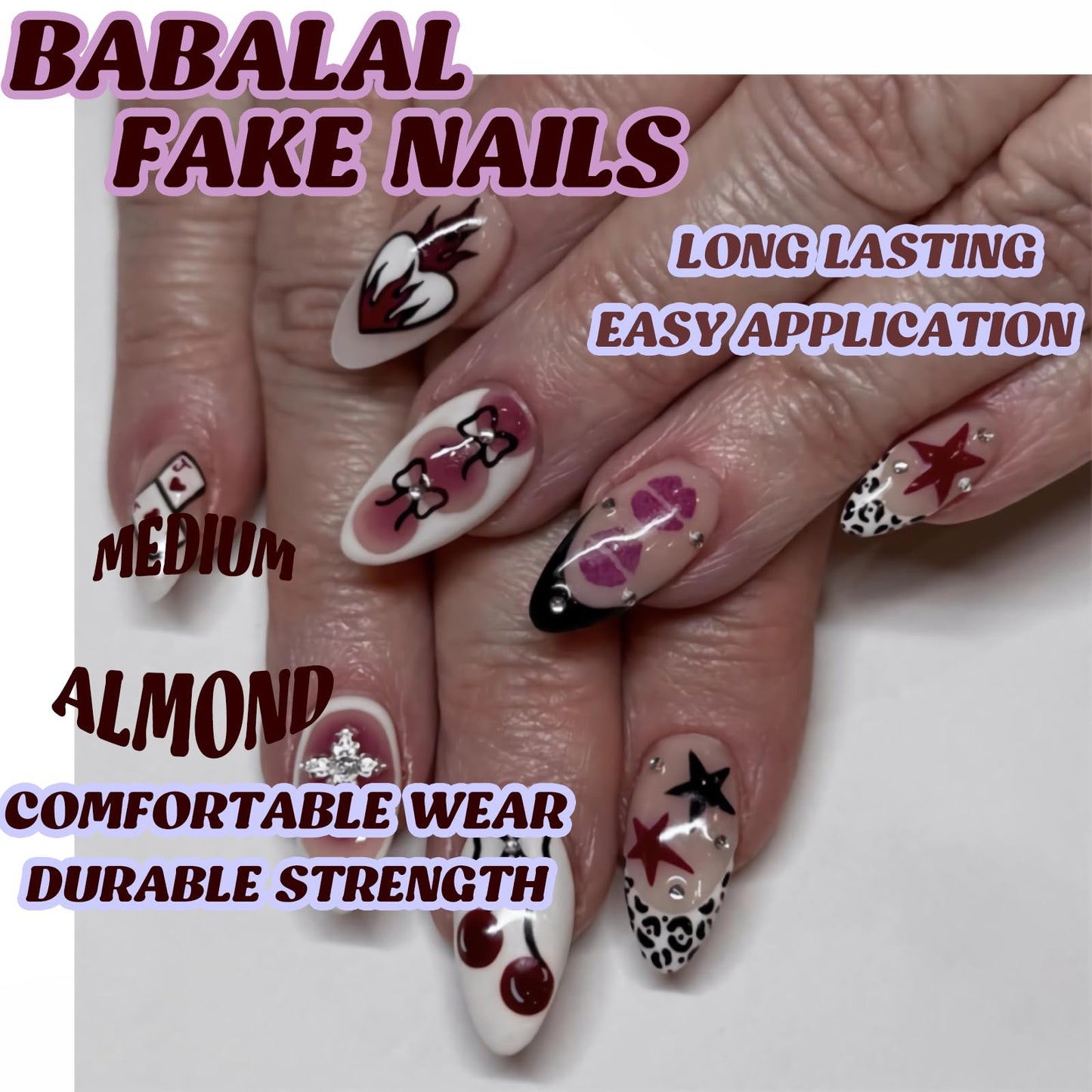 BABALAL Medium Almond Press on Nails, Gothic Acrylic Nails with Cross Charm, Heart, Bow and Lips Designs, 24Pcs Glossy Full Cover False Nails Set for Women and Girls