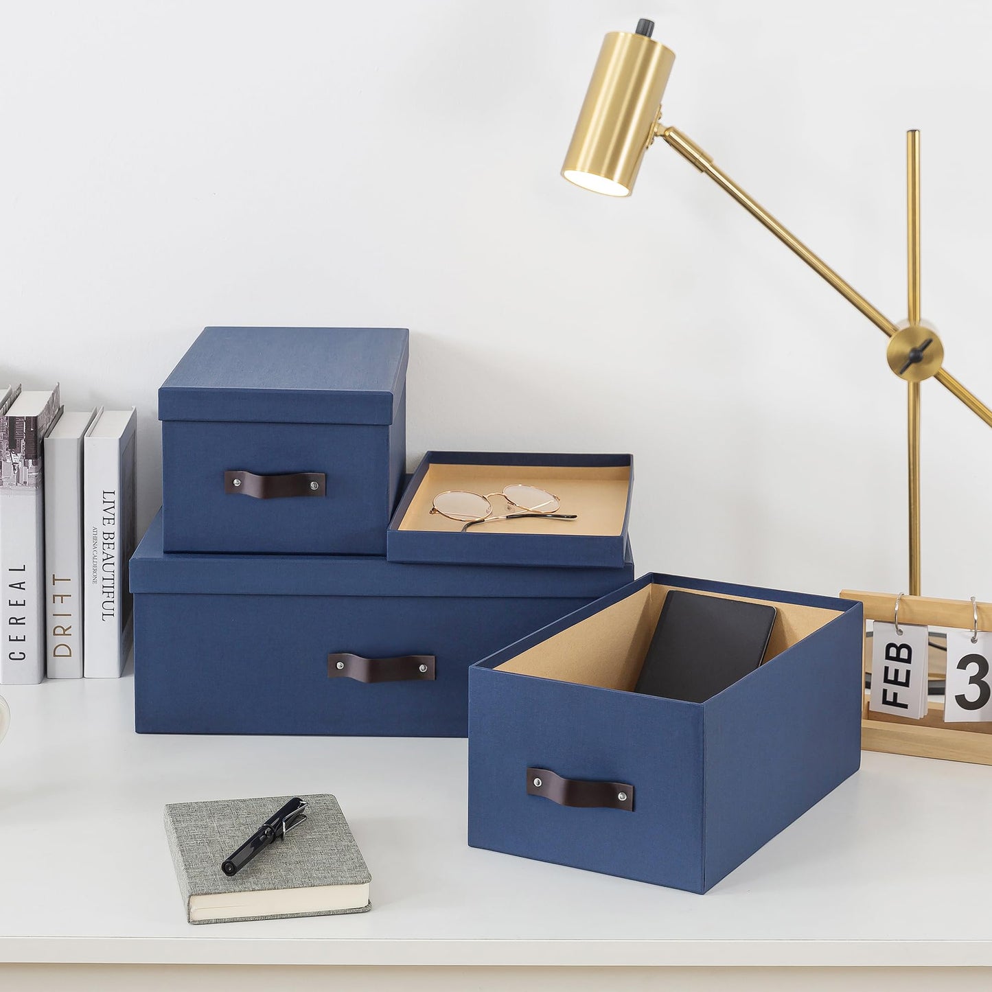 Soul & Lane Decorative Storage Boxes with Lids - Set of 3 (One Large and Two Medium), Sturdy Cardboard Organizers for Photos, Versatile Boxes with Handles for Office & Home, Navy