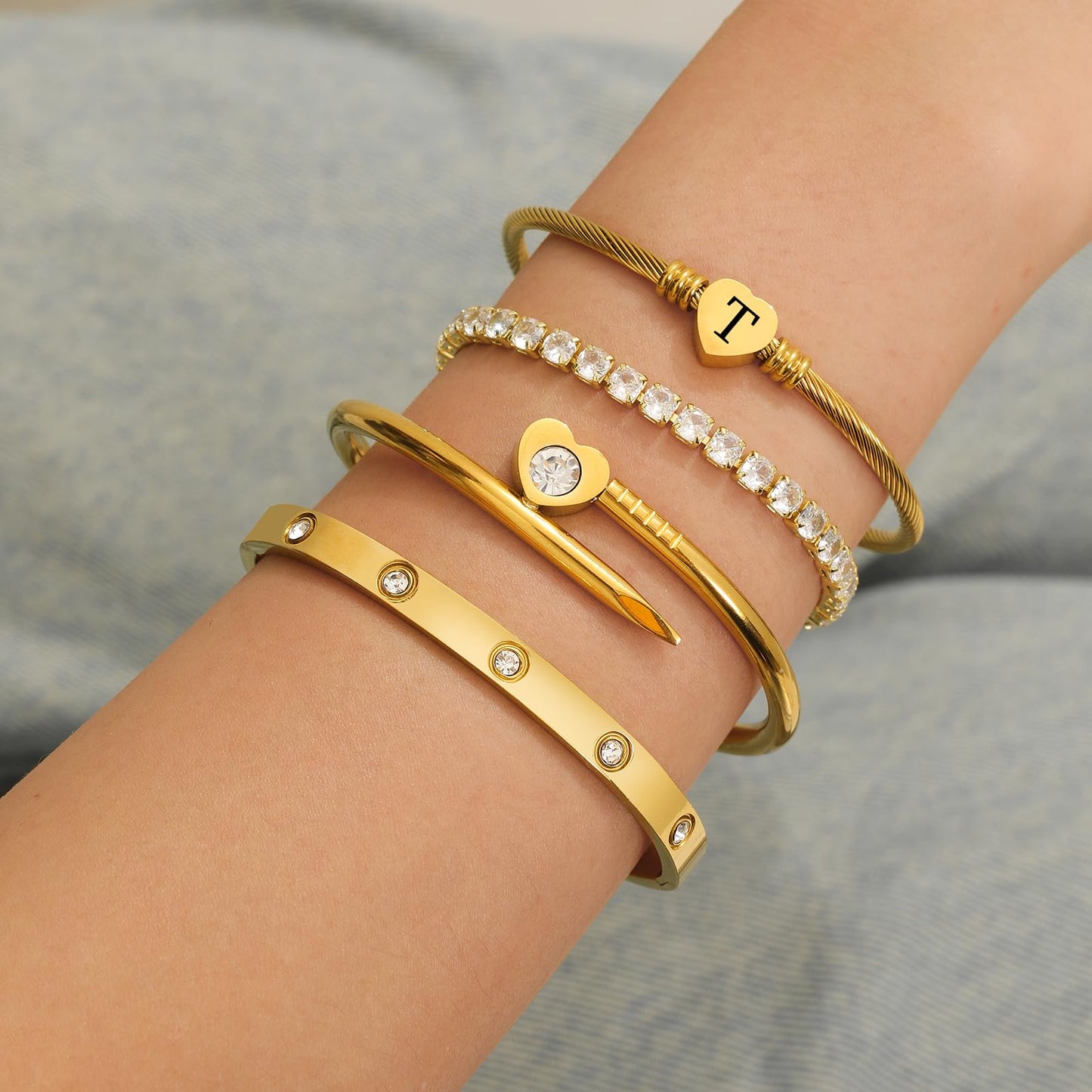 MEIERYA18K Gold Plated Nail love Bangle Bracelet Set for Women,Cubic Zirconia,Adjustable tennis bracelet Trendy Gift Jewelry for Mother's Day Anniversary (14-Style-T)