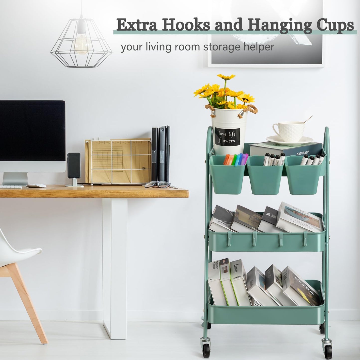 danpinera 3-Tier Rolling Cart, Utility Cart Mobile Metal Rolling Storage Cart with Lockable Wheels & Hanging Cups & Hooks for Kitchen, Bathroom, Office, Workshop, Green