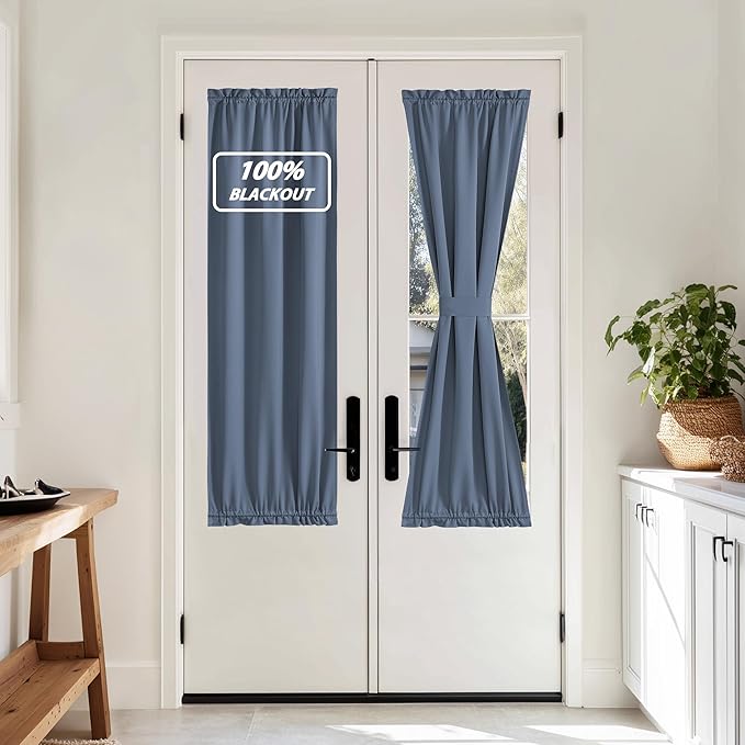 NICETOWN 100% Blackout French Door Curtain, Privacy Door Curtains for Window, 25 X 64 Inch Long Room Darkening Blinds, Thermal Insulated Window Shades for Bedroom, 1 Panel, Stone Blue