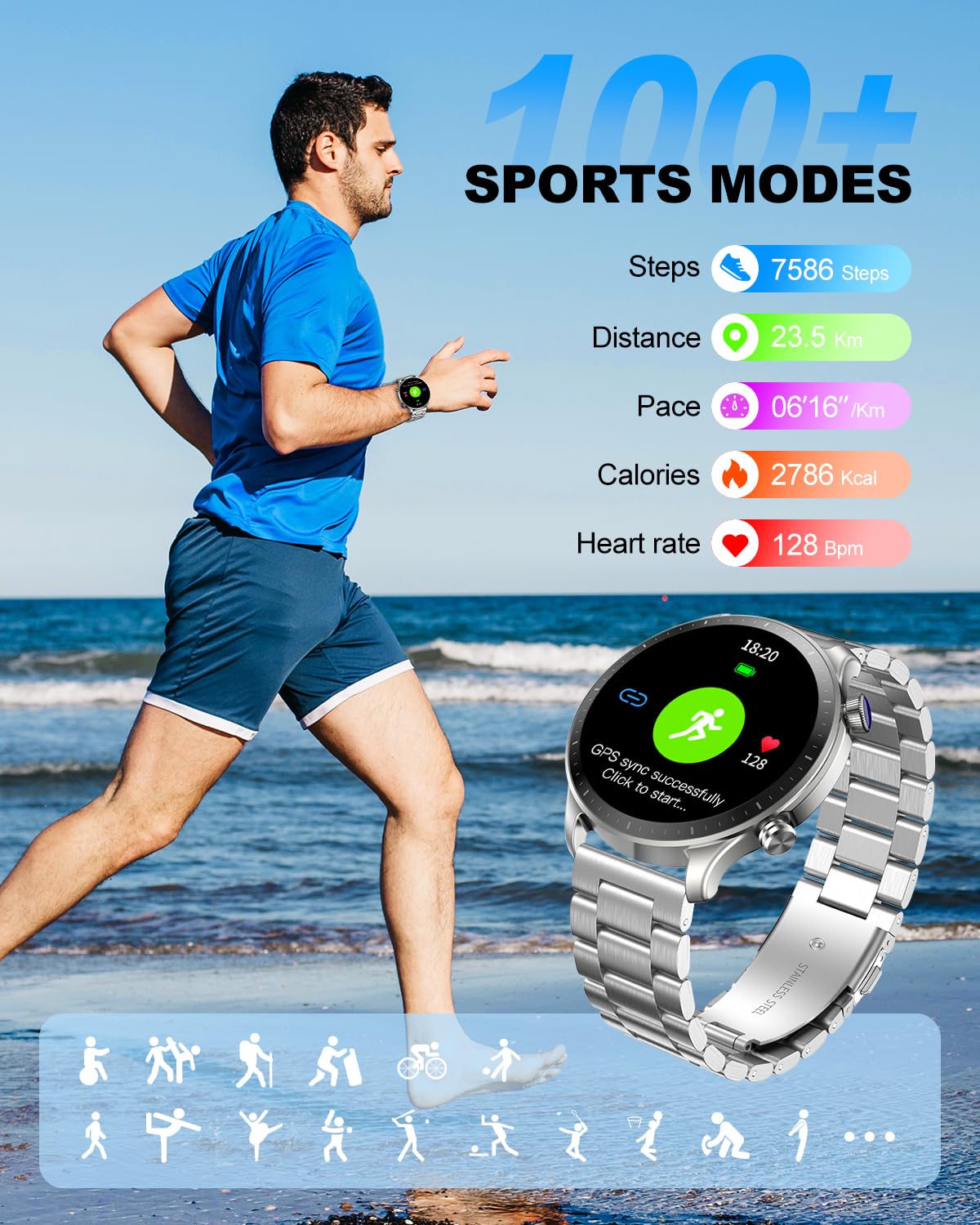 RIVERSONG Smart Watch for Men, 1.43" AMOLED Display with Bluetooth Calling, Heart Rate, Sleep, and SpO2 Monitor, 100+ Sports Modes, for iPhone/Android, Titanium Silver