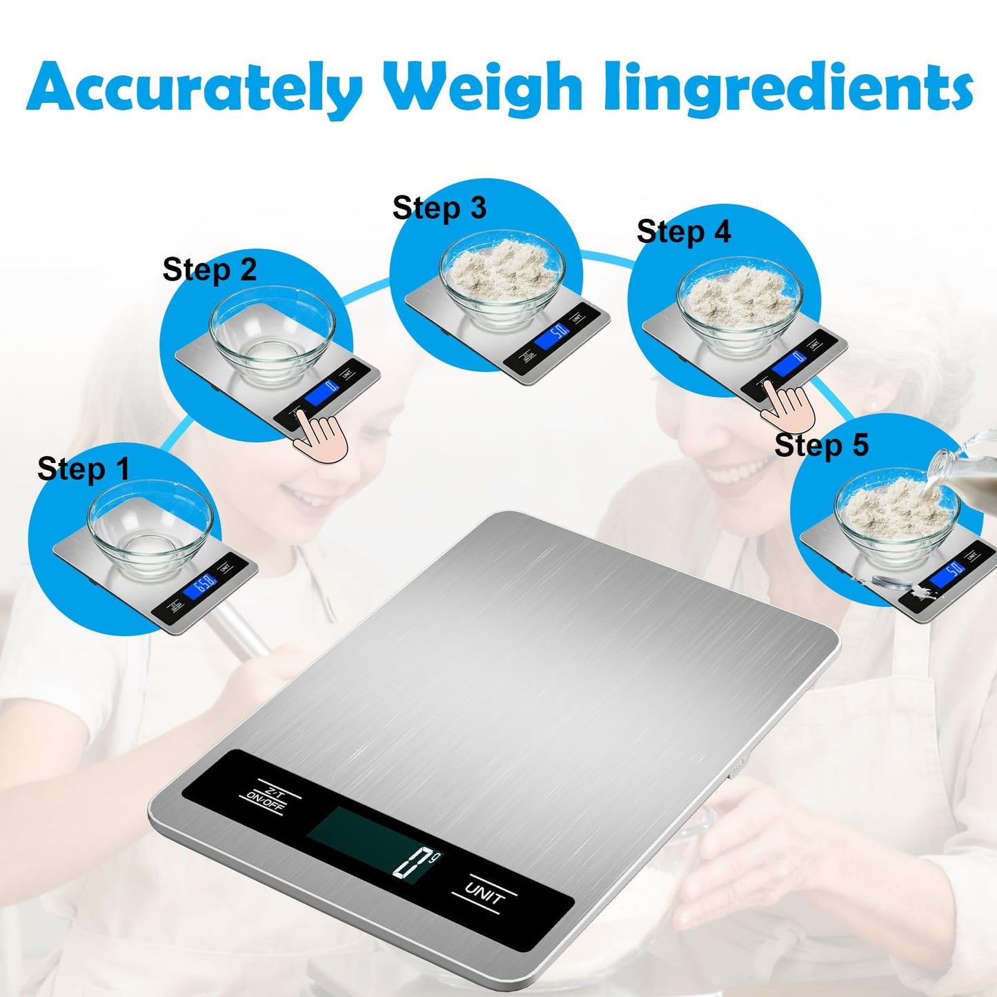 Food Digital Scale 33lb Kitchen Digital Scale Grams and Ounces for Weight Loss Baking Cooking Keto and Meal Prep Backlight LCD Smart Tare Waterproof 304 Stainless Steel