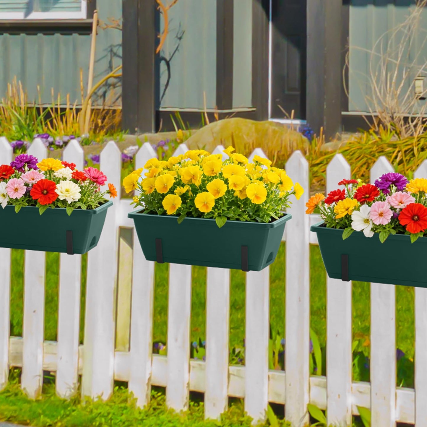 CADUKE 4 Pack Railing Planter Box 16.9 Inches Window Flower Boxes with Metal Brackets Balcony Planters Railing Hanging Fence Planter Plastic Outdoor Deck Railing Planter Boxes, Green