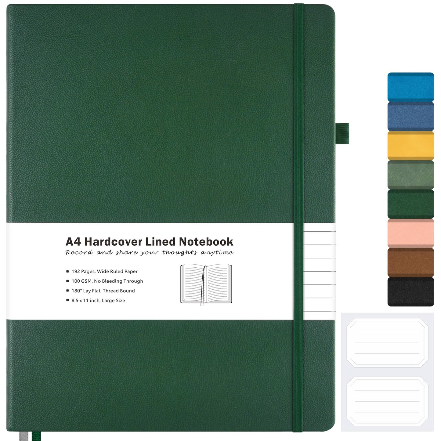 Lined Journal Notebook, 8.5" x 11" Hardcover Leather Notebook for Work, Wide Ruled Notebook Journal for Women Men, 192 Thick Paper, Lay Flat, 2 Pockets, A4 Large Journals for Writing, Green Notebook