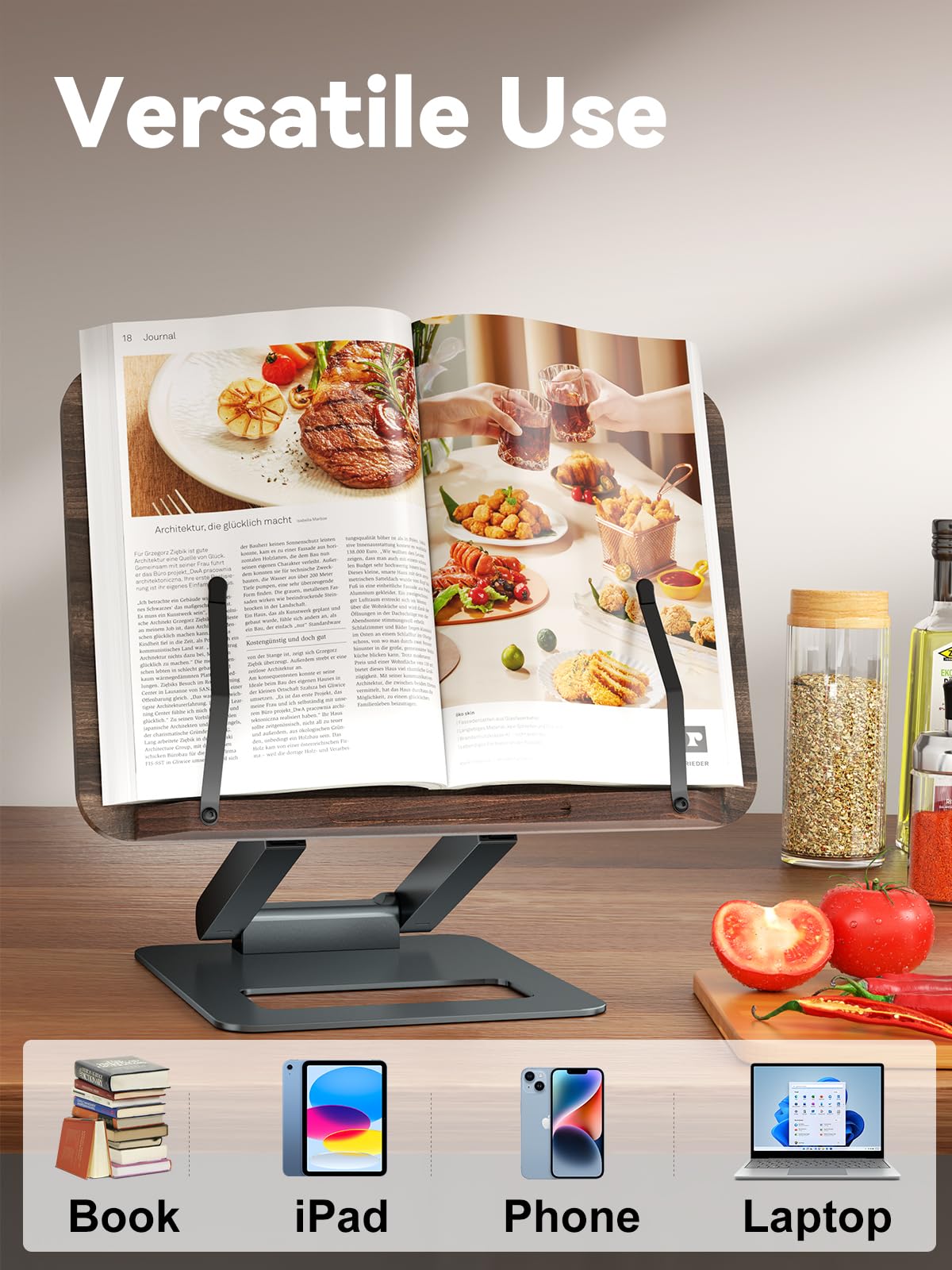 Tounee Book Stand, Telescopic Book Holder Stand, Adjustable Height Pull Out Design Ergonomic Cookbook Stand with Elastic Page Clips Fits All Books (Gray)