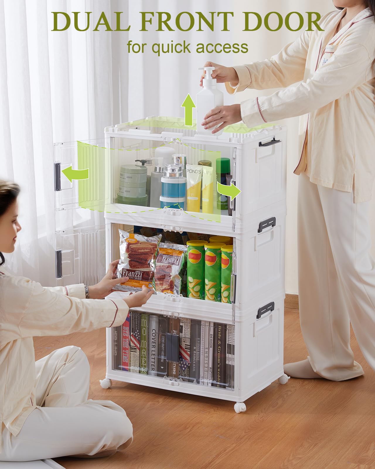 OlarHike 144QT Lockable Storage Bins with Lids - Folding Storage Cabinet with Doors & Wheels, Collapsible Plastic Box for Closets, Office, Gathering, Stackable Organizer & Containers, Gifts, 3 Pack