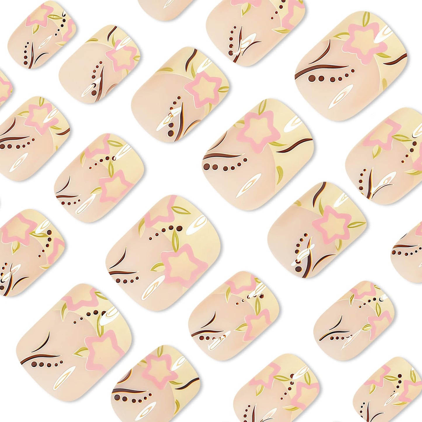 IMSOHOT Press on Nails Short Square Fake Nails with Flower Designs Yellow French Tips False Nails Cute Glossy Summer Artificial Glue on Nails for Women Girls Manicure 24Pcs