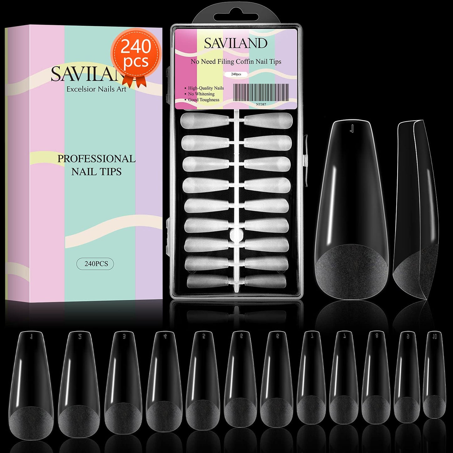 Saviland Matte Coffin Nail Tip – 240PCS No Need to File Acrylic Nail Tips Professional French Tips for Nail Extension Full/Half Cover Dual Use Matte Texture Press on Nails Pre-Shape 10 Sizes Salon DIY