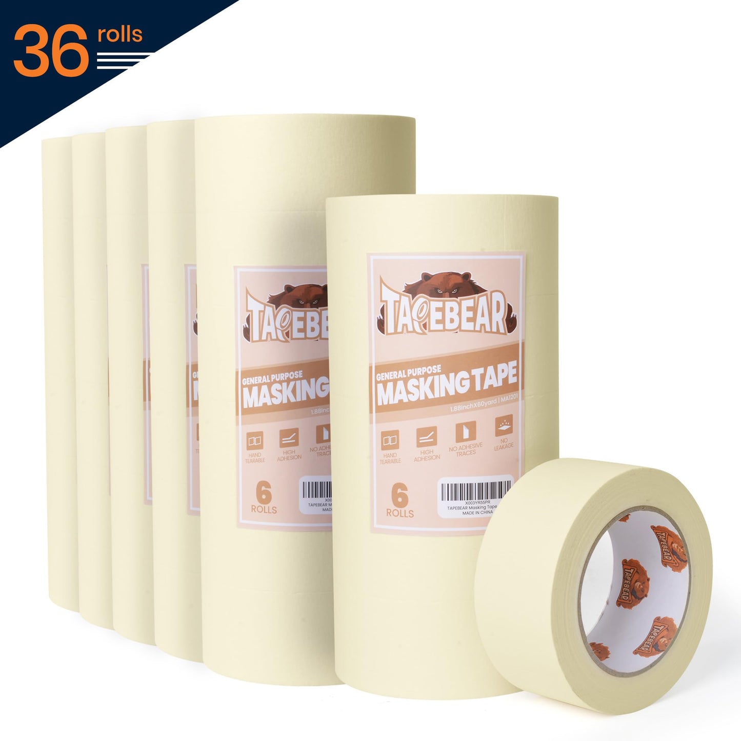TAPEBEAR General Purpose Masking Tape Beige White 1.88 Inches x 60 Yards, Bulk Painters Tape for Painting, Labeling, DIY Arts Crafts, Home Office School Projects, 36 Rolls