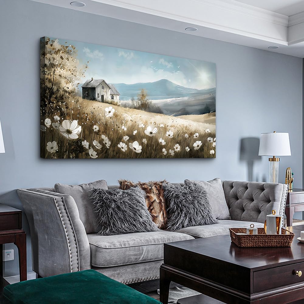 Wapluam Canvas Wall Art For Living Room Large Wall Decor For Bedroom Field Scenery Watercolour Flowers Wall Paintings Office Decorations Old House Pictures Artwork Home Decor Ready To Hang 48L x 24W