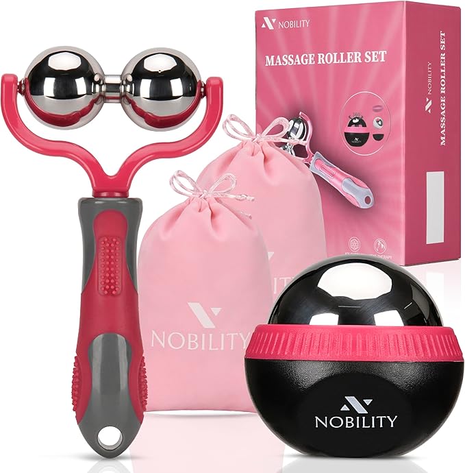 Nobility Massage Ball Roller– Ice Cold and Hot for Deep Tissue and Sore Muscle Relief of Stiffness and Stress, Body, Neck, Back, Foot, Plantar (Grey) (Pink)