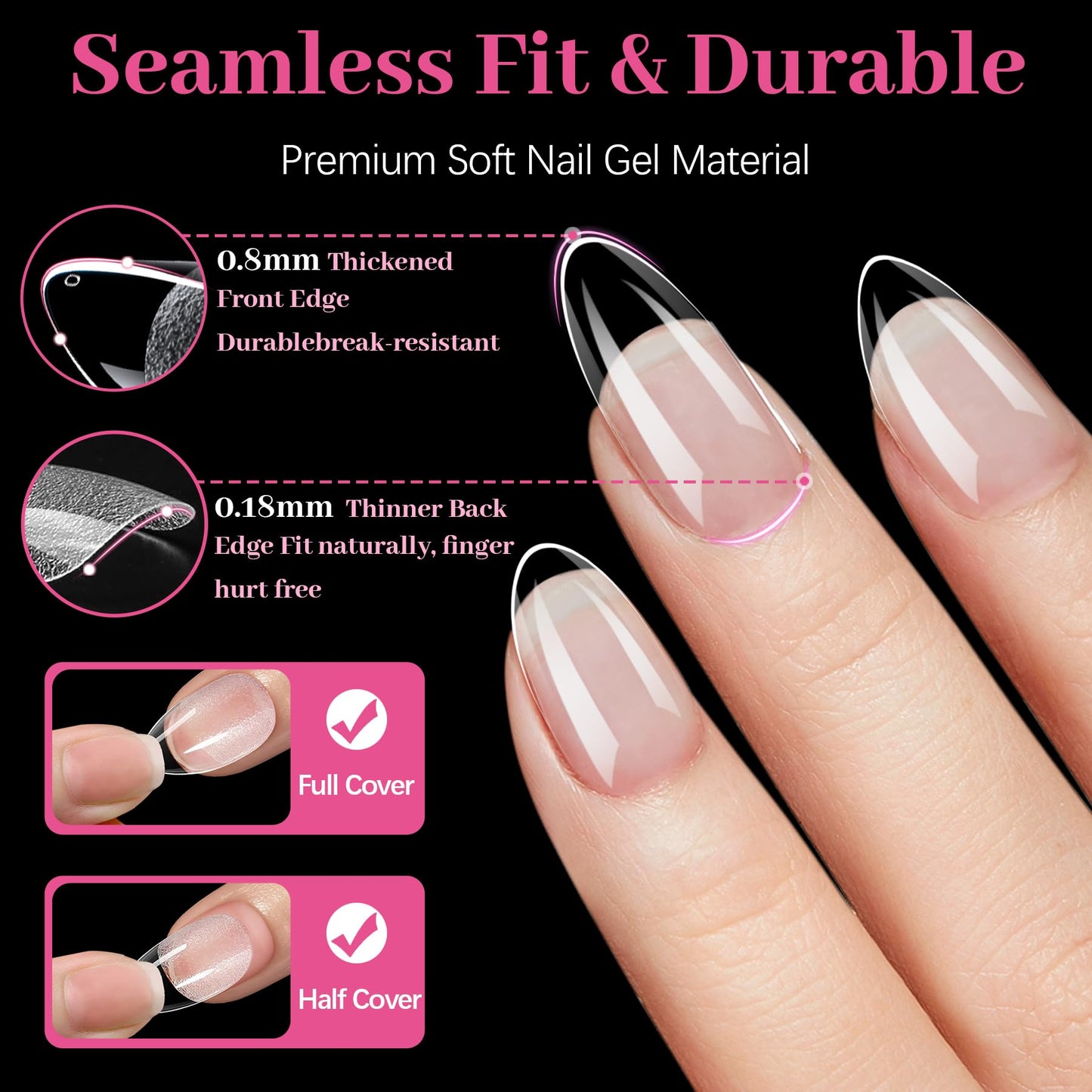 QIEK 450PCS Extra Short & Short & Medium Almond - 3 Styles Nail Tips, 70-Grit Pre-Etched Press On Nail in 15 Sizes, Fake Nail Extension Kit for Acrylic Gel Nail Art DIY Salon