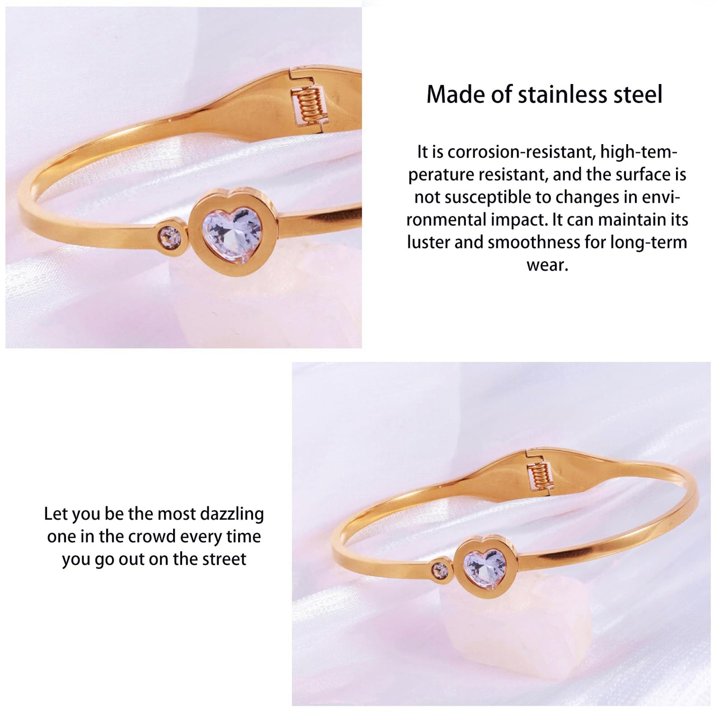 Vbvbip 18K Gold Plated 316L Stainless Steel Bangle Bracelet Collection - 12 Unique Designs + Matching Diamond-Accent Titanium Steel Chain, Gift for Women