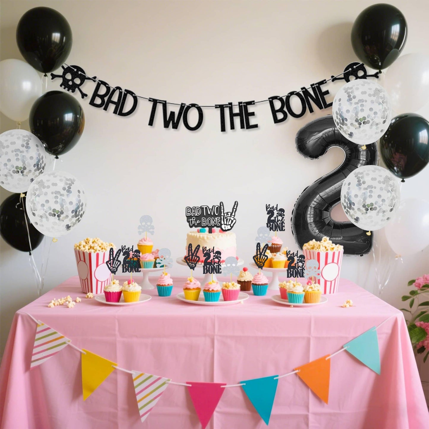Bad Two The Bone Birthday Decorations,Include Banner Cake Toppers Cupcake Toppers,Party Music Themed Decorations with Balloons for Skeleton Rock and Roll Birthday(Black and White Balloons)