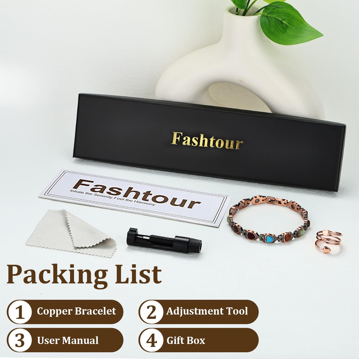 Fashtour 99.99% Pure Copper Magnetic Bracelet and Ring Set for Women, Heart Wire Design Adjustable Jewelry with 3800 Gauss Magnets, Elegant Gift Box (Heart Ring Set)