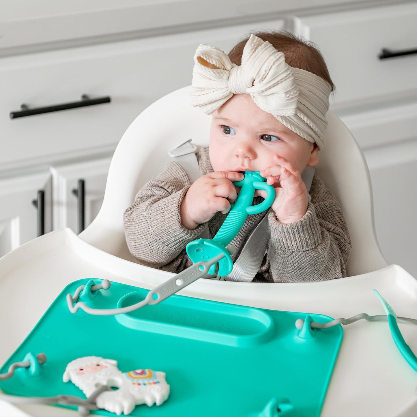 Busy Baby Teething Spoon - 2-in-1 Teether and Training Spoon for Self Feeding, Dishwasher Safe, BPA Free, Food Grade Silicone (Spearmint)