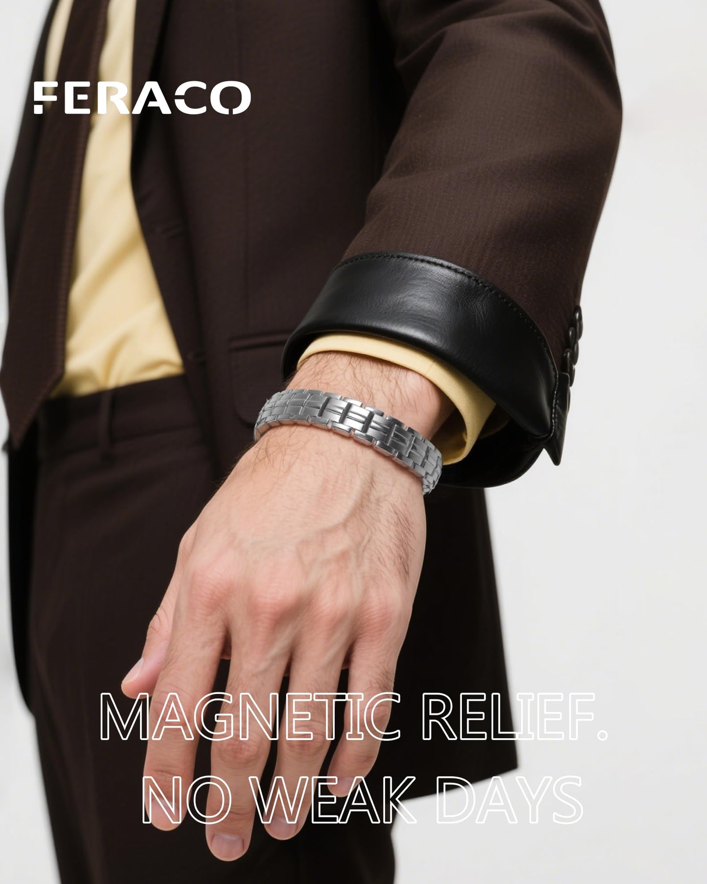 Feraco Magnetic Therapy Bracelet for Men,Titanium Steel Bracelet with 5X Strength Magnets,Premium Fold-Over Clasp (Silver)