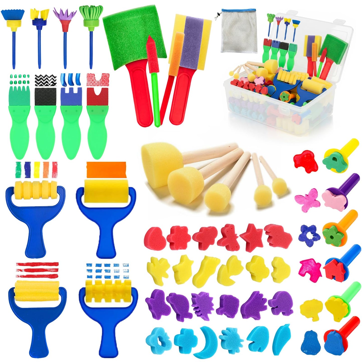 53-Pack Sponge Paint Brushes, Washable Painting Brushes, Toddler Painting Set, Early Learning Foam Roller Sponge Art Crafts Kit with Storage Bag, Creative Gift