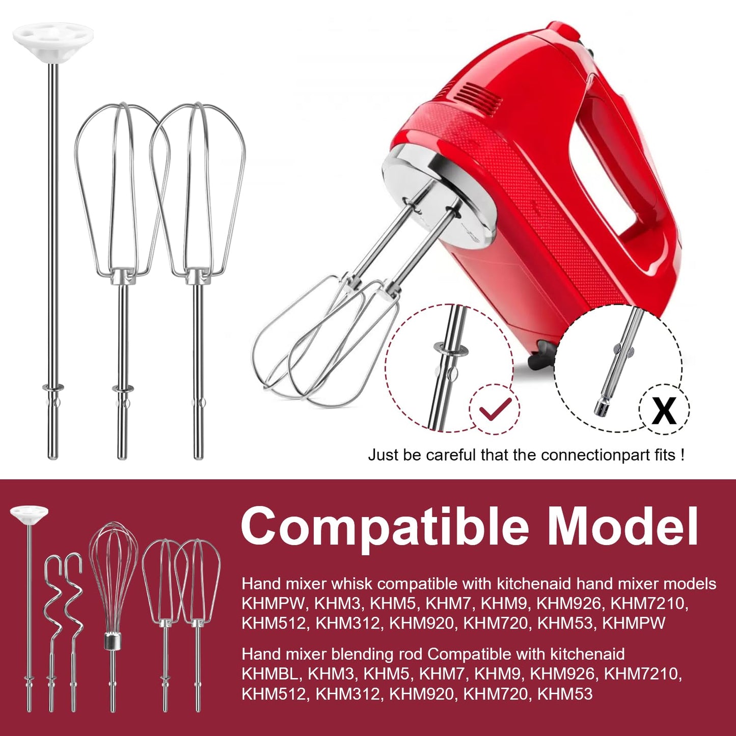 Hand Mixer Attachments Beater, Whisk, Blending Rod and Dough Hooks, Stainless Steel Hand Mixer Accessories Compatible with Kitchenaid Hand Mixers KHM3 KHM5 KHM7 KHM9, Set of 6