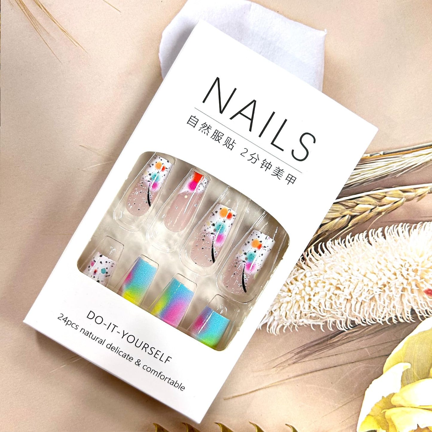TBRZTR Press on Nails Medium Length Square False Nails Colorful Gradient Acrylic Nails Full Cover Artificial Coffin Nails Press Nails with Design Acrylic Smudge Nails 24Pcs Glue on Nails for Women