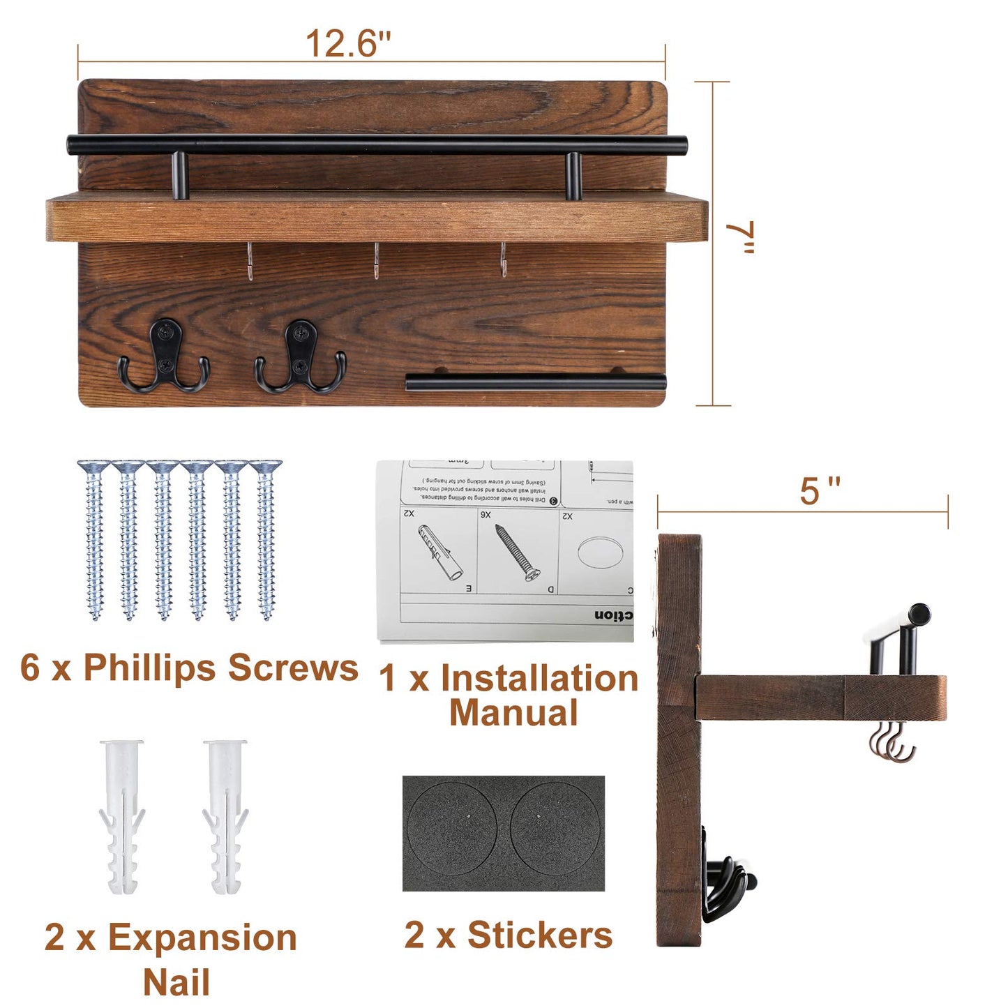 OurWarm Wall Mounted Key Holder/Hangers for Wall Decorative with 5 Key Hooks, Wooden Mail Rack Organizer with Shelf, Rustic Home Decor for Entryway Mudroom Hallway Office, Brown
