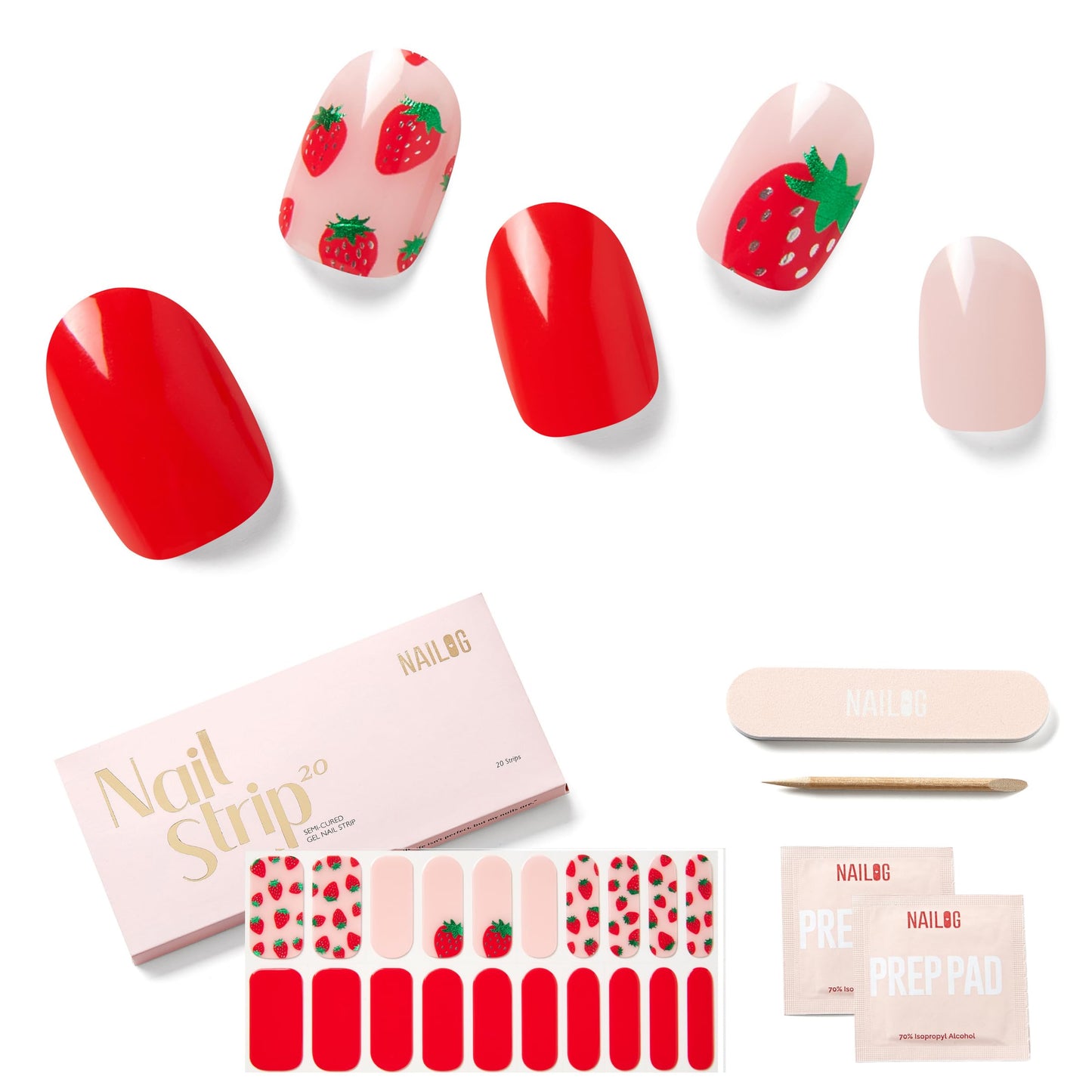 Semi Cured Gel Nail Strips - NAILOG 20 Pcs Red Strawberry Nail Stickers Extra Long Wraps with Glossy Gel Finishing for Spring, Strawberry Sorbet