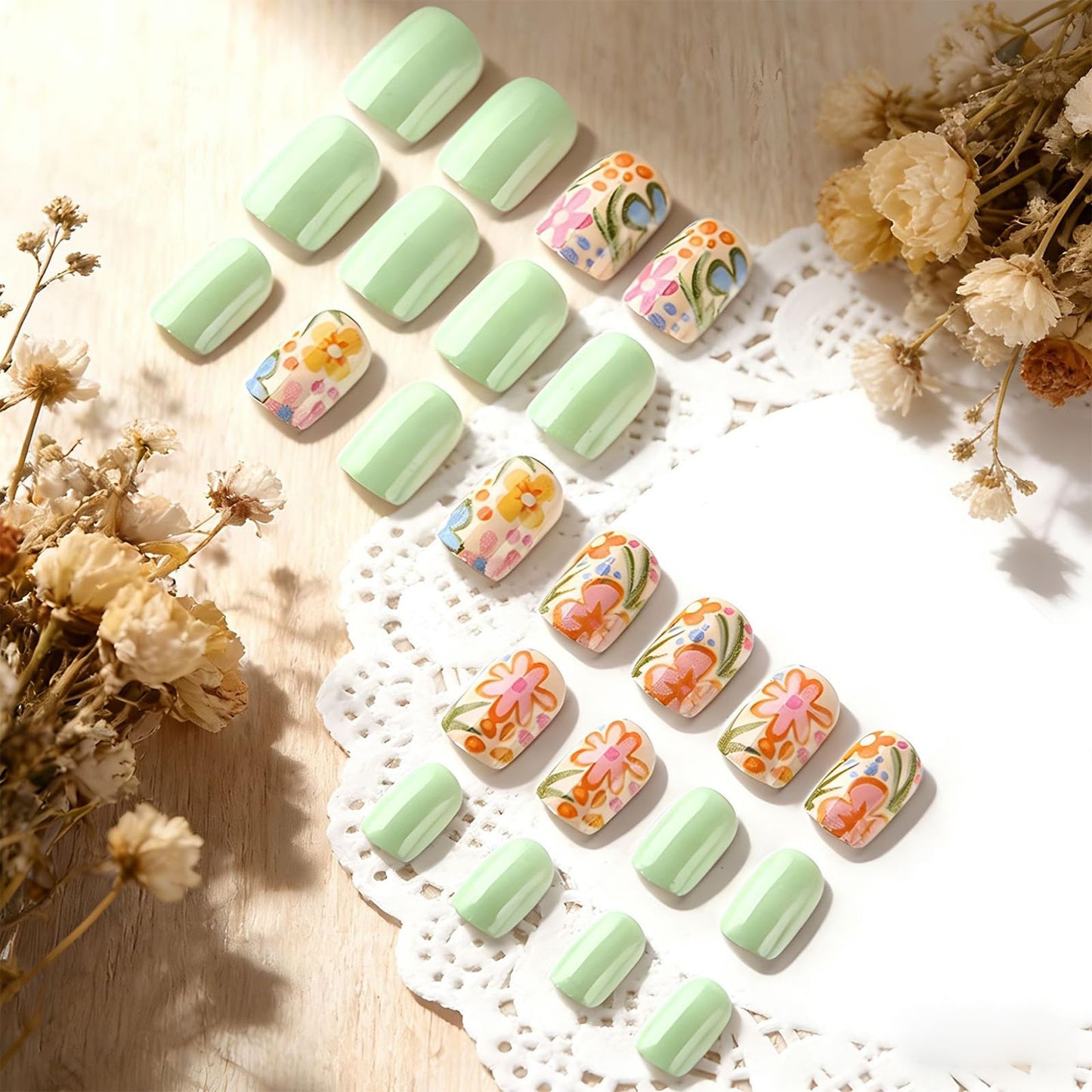 Sage Green Press on Nails Short Square Fake Nails with Cute Flowers Design Spring Summer False Nails Press ons Glossy Stick on Nail Reusable Artificial Glue on Nails for Women 24Pcs