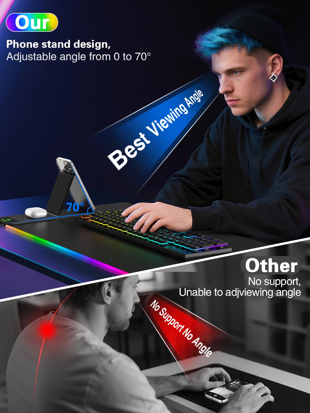 Mouse Pad with Foldable Phone Holder & Wireless Charger, XXL RGB Gaming Mousepad 31.5"x15.8" Large Desk Mat for Keyboard, Black Desk Pad with Dual Qi Charging Station | 11 Colors 5 Modes | Waterproof