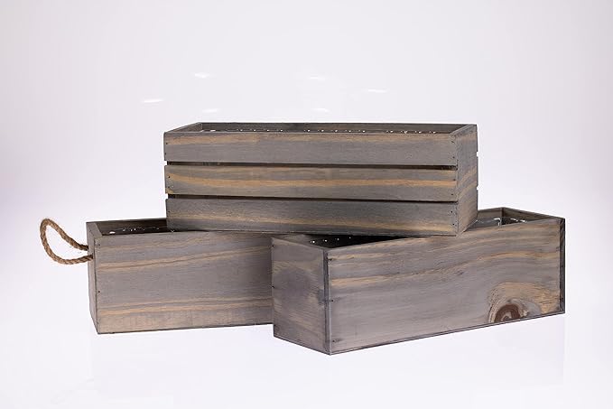 Wood Planter Box with Wine Crate Styled, 12x4 Inch Rectangular, Rustic Barn Wood, Plastic Liner, Wedding Flowers Holder, Home and Venue (12x4 Wine Crate Set of 4, Natural)