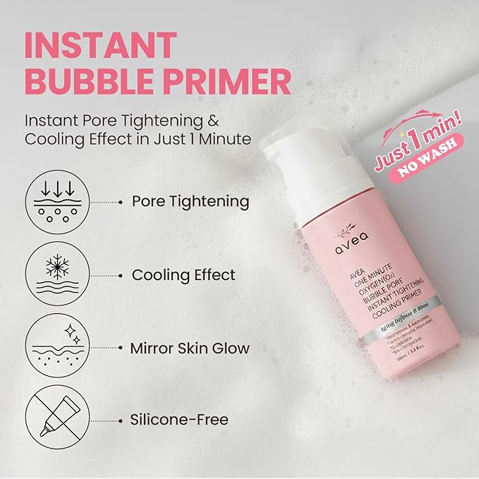 AVEA 1 Minute Bubble Primer – Smoothing, Hydrating & Illuminating Makeup Base with Niacinamide & 12 Peptides, K-Beauty Instant Primer for Radiant, Pore-Refined & Glow Skin, 3.38 fl oz / 100ml