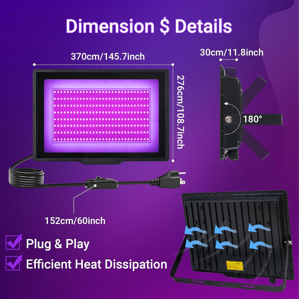 2 Pack 200W LED Black Light IP66 Waterproof,Blacklight with Plug+Switch, Flood Light for Glow Party,Halloween Decoration, Body Paint, Fluorescent Poster, Stage Lighting,Neon Glow,5.25Ft Cord