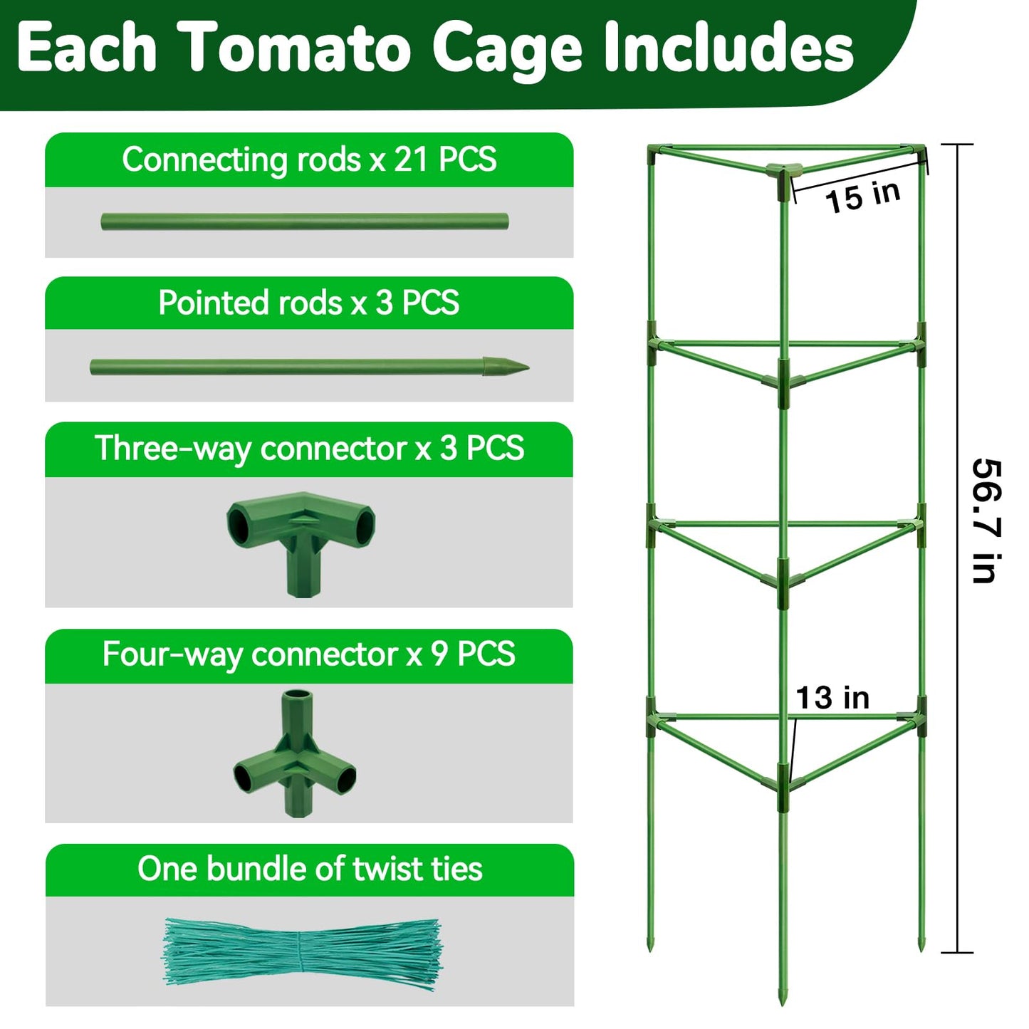 ZeeDix Tomato Cages with Bird Netting Set - 2 Pack 57 Inches Heavy Duty Tomato Cages + 2 Pack 61 Inches Garden Mesh Barrier for Tomatoes Climbing Vegetables Flowers