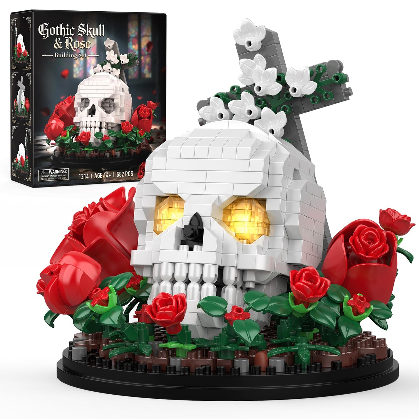 Vziimo Skull & Flowers Building Set, Gothic Skull Roses Micro Building Blocks Decor Model Kit with Cross, Horror Gifts for Adults, Teens Age 14+, Gothic Art Fans (582 PCS)