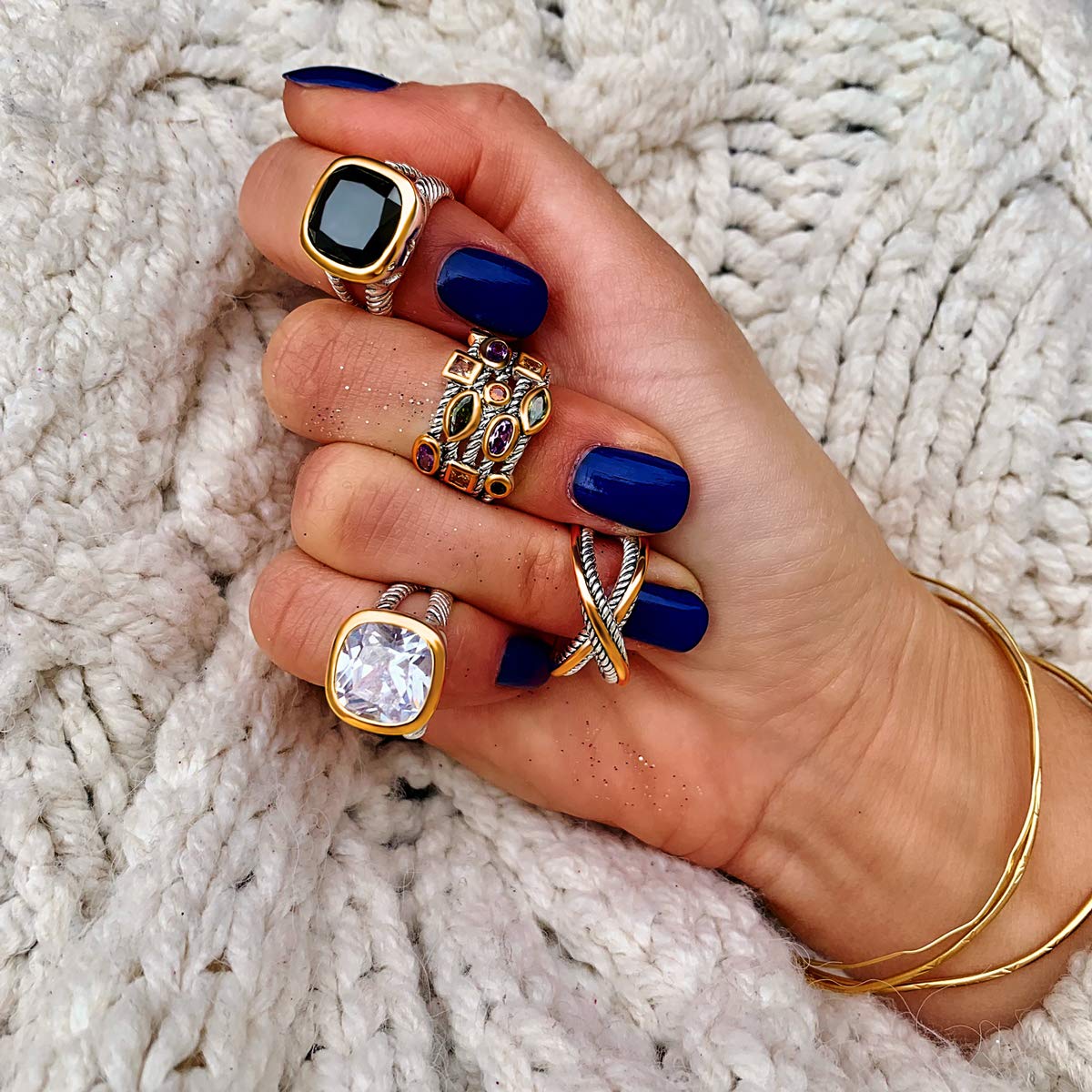 UNY JEWEL Twisted Cable Wire Two Tone Cusion Cut CZ Statement Ring Designer Inspired Fashion Love Antique Women Jewelry Gift (Blue, 7)