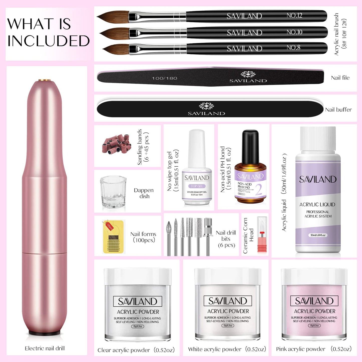 SAVILAND Acrylic Nail Kit with Drill: 3 Colors Acrylic Powder 0.5 oz Each, Nail Liquid, 20,000 RPM Nail Drill, Brushes & All Essential Tools, Nail Kit for Beginners with Everything for DIY Extension