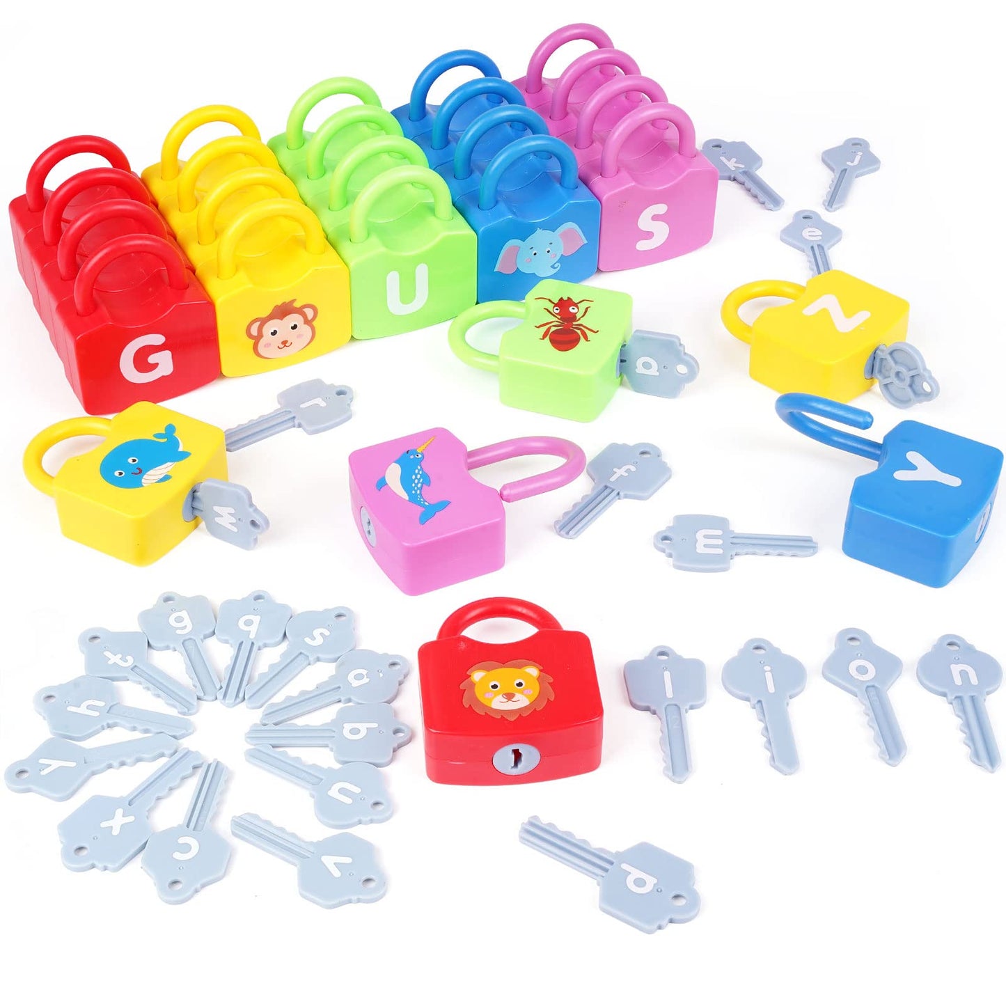 AXEARTE Montessori Educational Toys - Alphabet Learning Locks and Keys for Toddlers - 26 Locks & Keys Set - Baby Sensory Fine Motor Skills Toys - ABC Locks and Keys