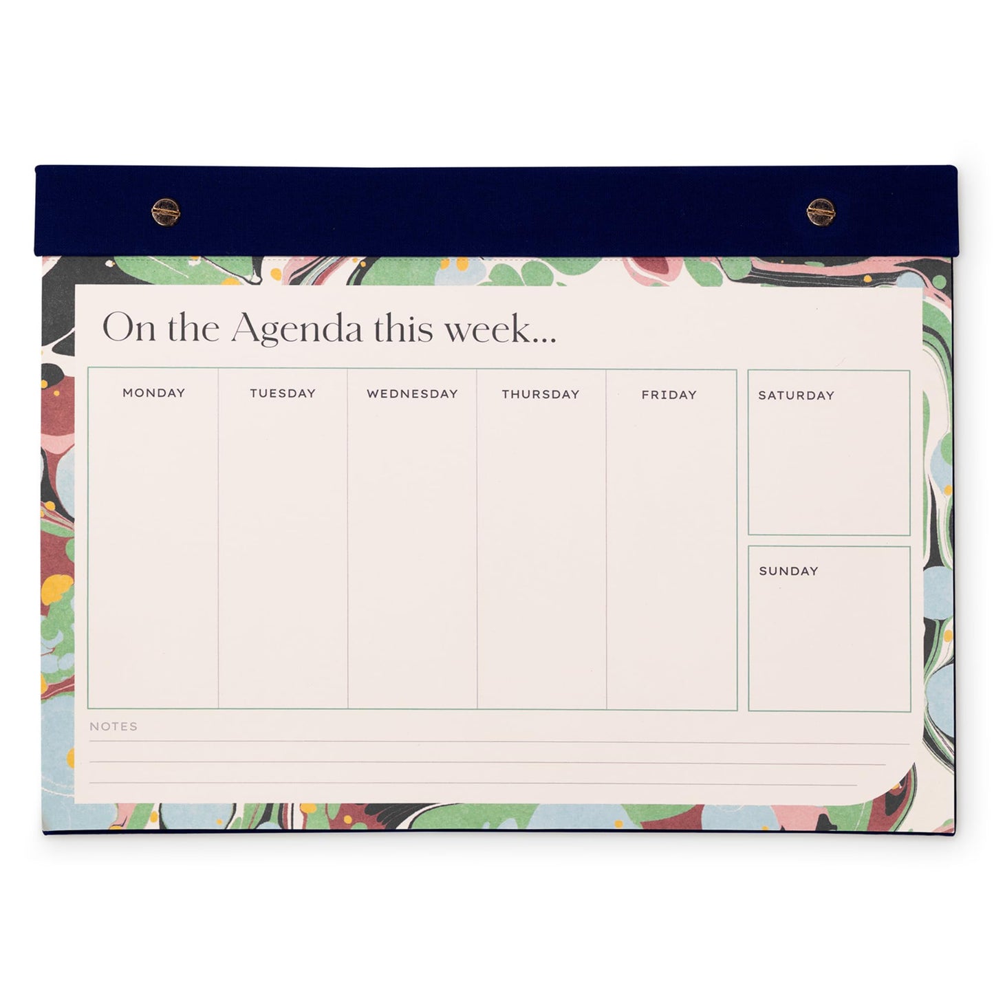 Amélin Archive 8" x 11" Weekly Desktop Planner with 55 Perforated Sheets, Navy Bookcloth Header & Back, Gold Post Binding, Undated Tear-Off Pad with Notes Section (Omega)
