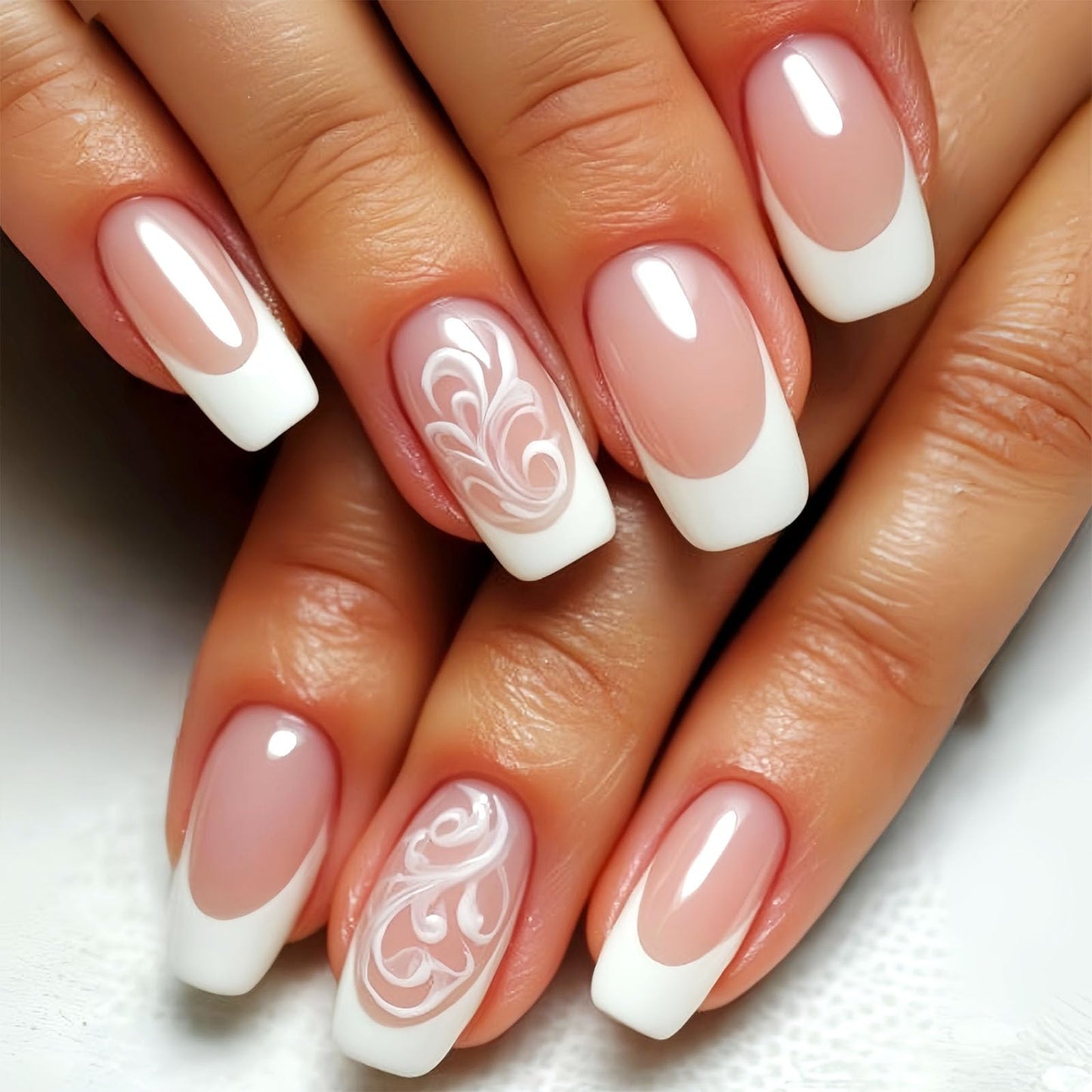 French Tip Press on Nails Medium Square Fake Nails with White Lines Designs Glossy Nails Press ons Nude Glue on Nails Cute Acrylic Nails Artificial Stick on Nails for Women 24Pcs