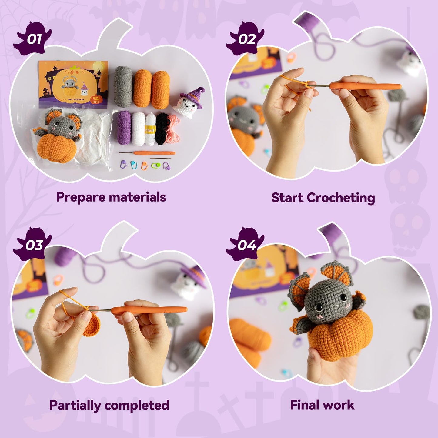 RongsiShun Halloween Crochet Kit for Beginners, Pumpkin and Ghost Amigurumi Set with Step-by-Step Video Tutorials, Extra Yarn & Hook, DIY Craft Gift for Adults Teens Kids