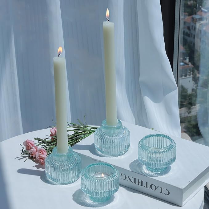 Woho Light Blue Candlesick Holders Set of 4 for Taper Candles, Ribbed Glass Candle Stick Holder Decor for Wedding Table Centerpiece, Reversible Taper Candle Holders Vintage for Baby Shower/Home Decor