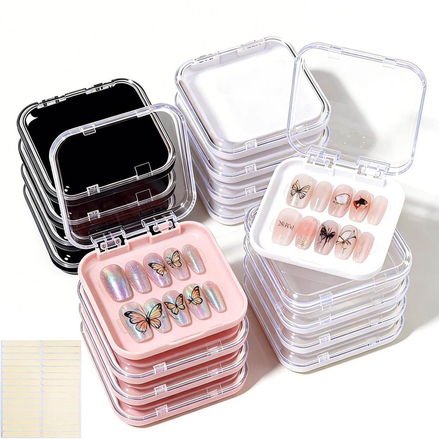 16PCS Press on Nail Storage Box 4 Colors Acrylic Organizer Nail Case Nail Display Case Nail Display Box Artificial False Nail Box with Double Sided Adhesive Nail Tape Suitable for Press on False Nail