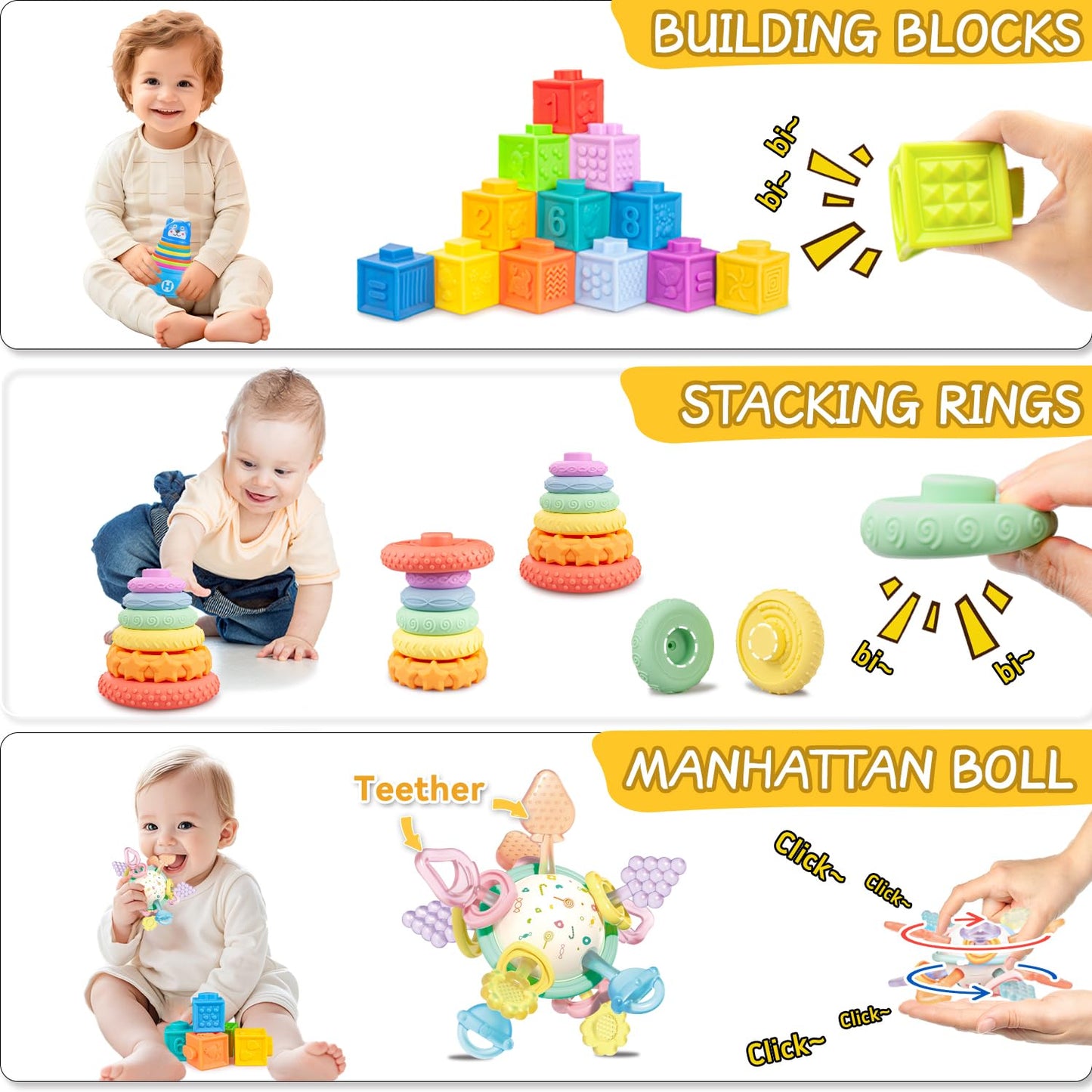 6 in1 Montessori Baby Toys 6-12 Months，Montessori Toy for Babies 6-12 Months，Incl 12pc Building Blocks &Silicone Pull String & Sensory Cube & Manhattan Ball& 2 Stacking Toys. Baby Development Toys
